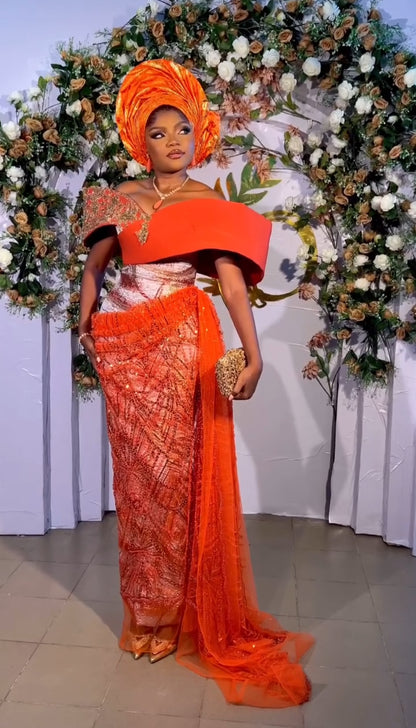 Blossoming Burnt Orange Bridal Asoebi Corset Gown