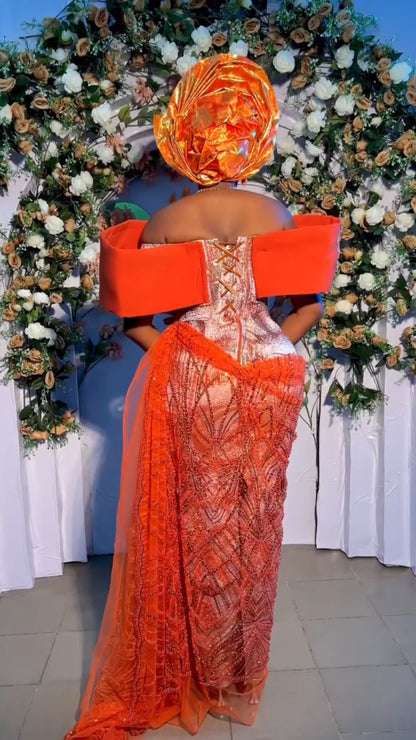 Blossoming Burnt Orange Bridal Asoebi Corset Gown