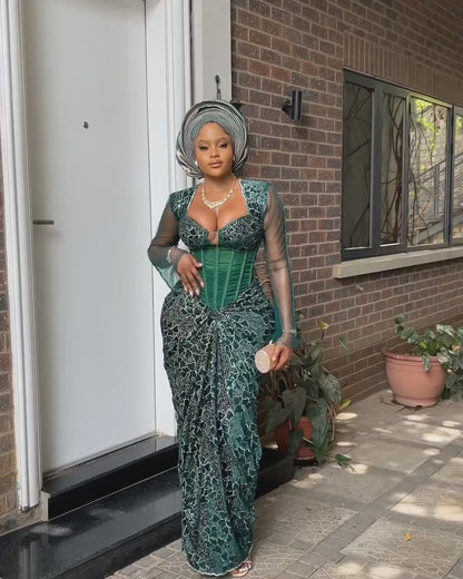 Emerald green jeweled lace Asoebi Prom Corset Gown