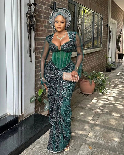 Emerald green jeweled lace Asoebi Prom Corset Gown